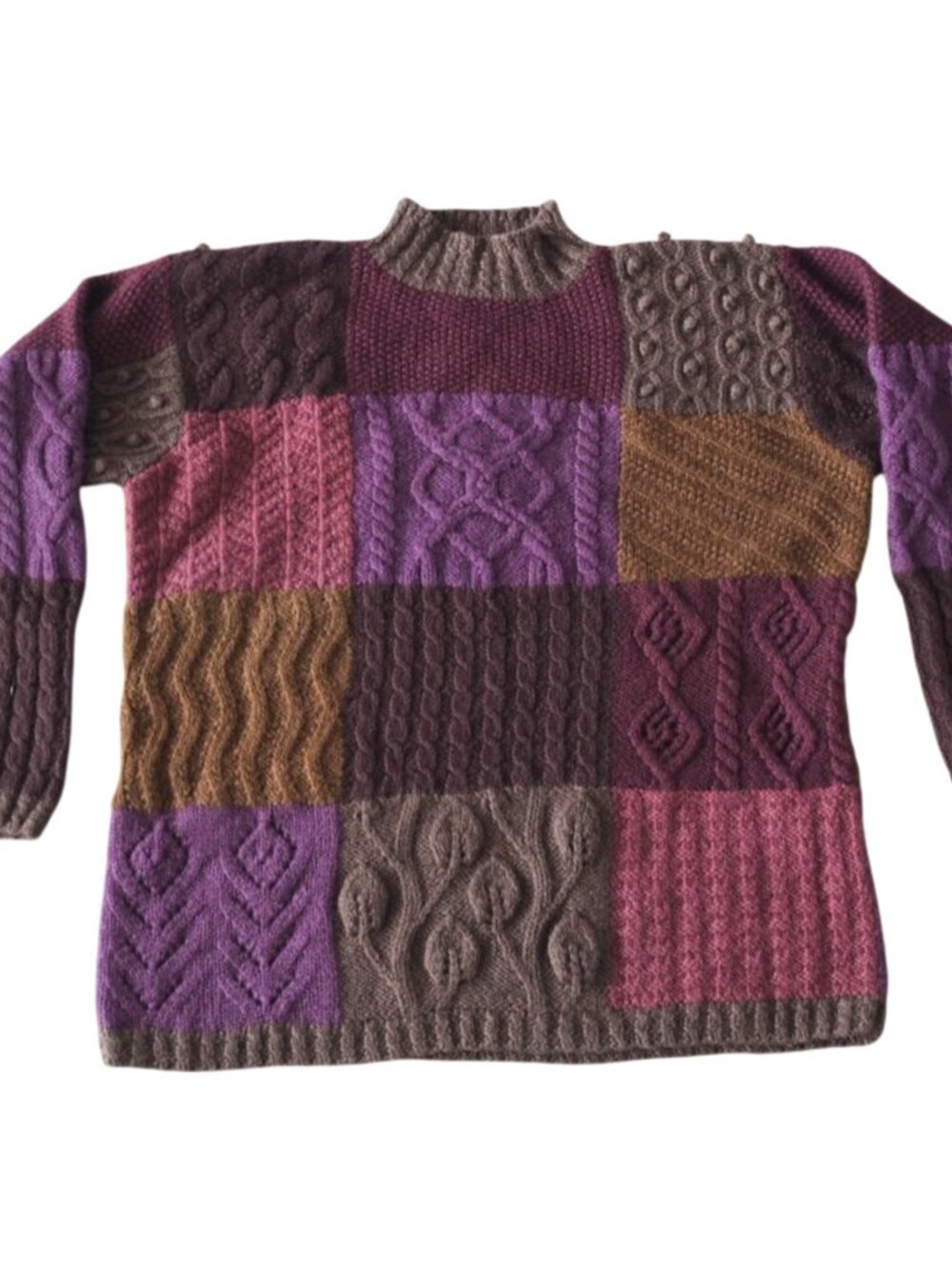L.L. Bean 100% Wool Patchwork Quilt Cable Knit Sweater Size Large